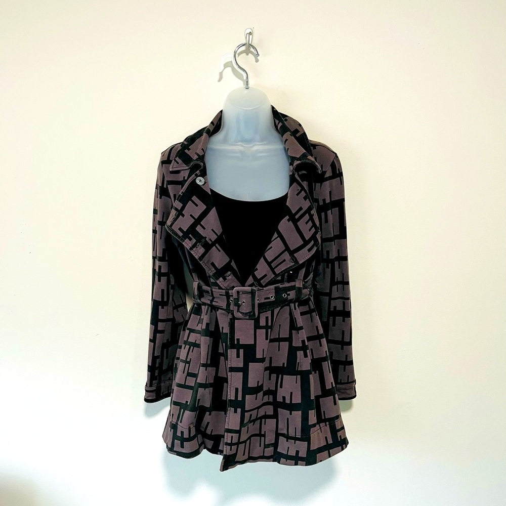 Geometric black and dark grey flared belted peacoat